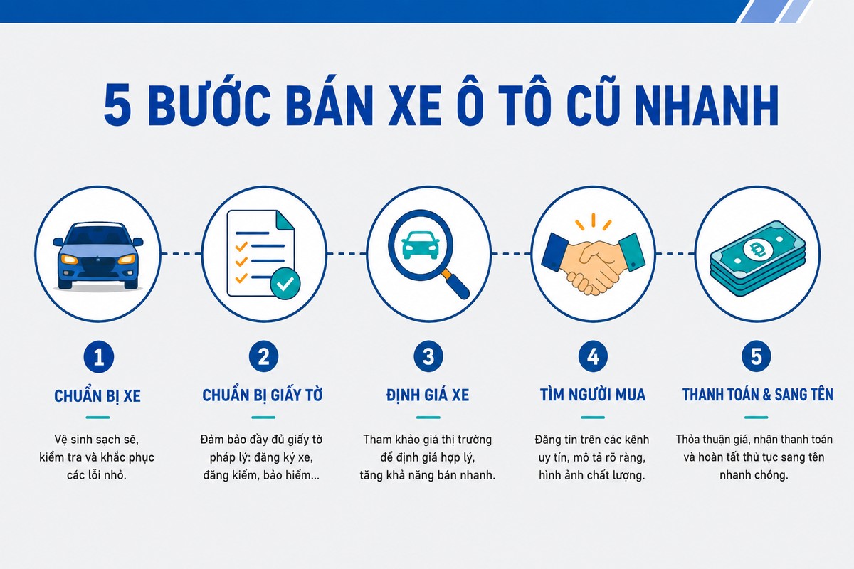 5 bước bán xe ô tô cũ nhanh: chuẩn bị xe, giấy tờ, định giá, tìm người mua, thanh toán
