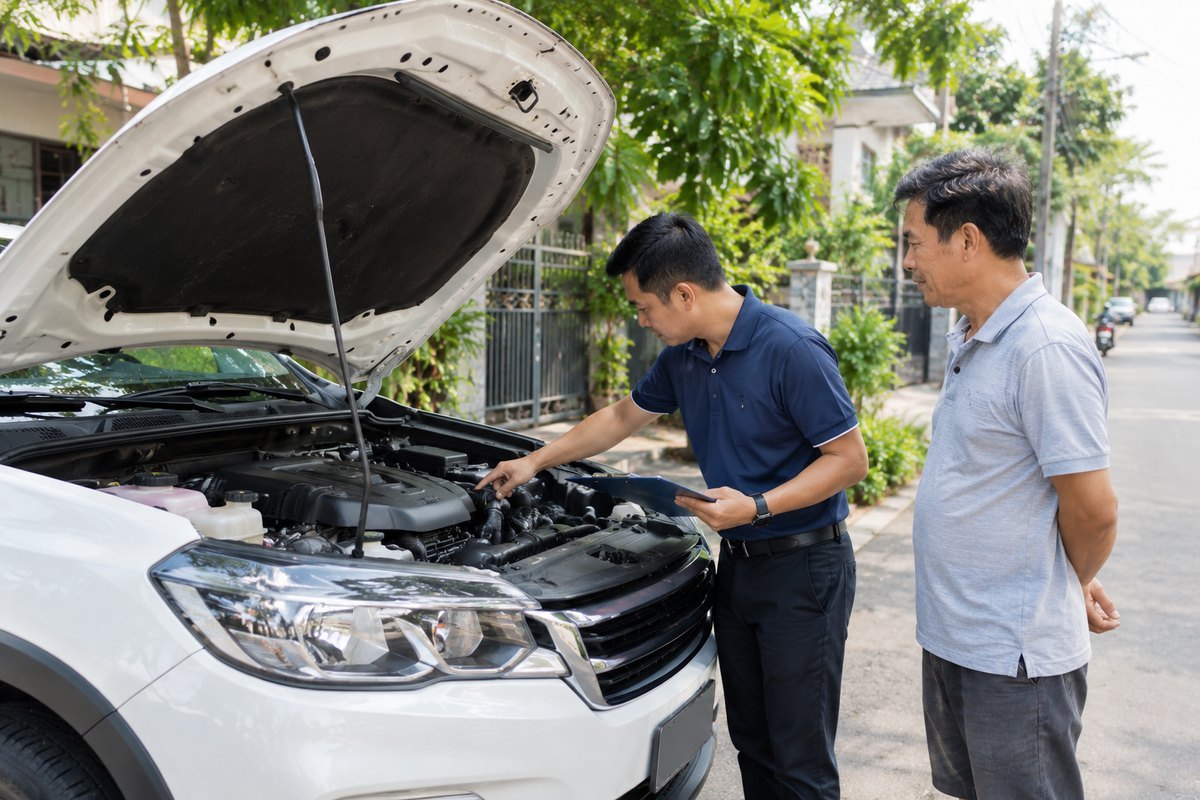 Nhân viên kiểm tra khoang máy và định giá xe ô tô cũ ngay tại nhà chủ xe
