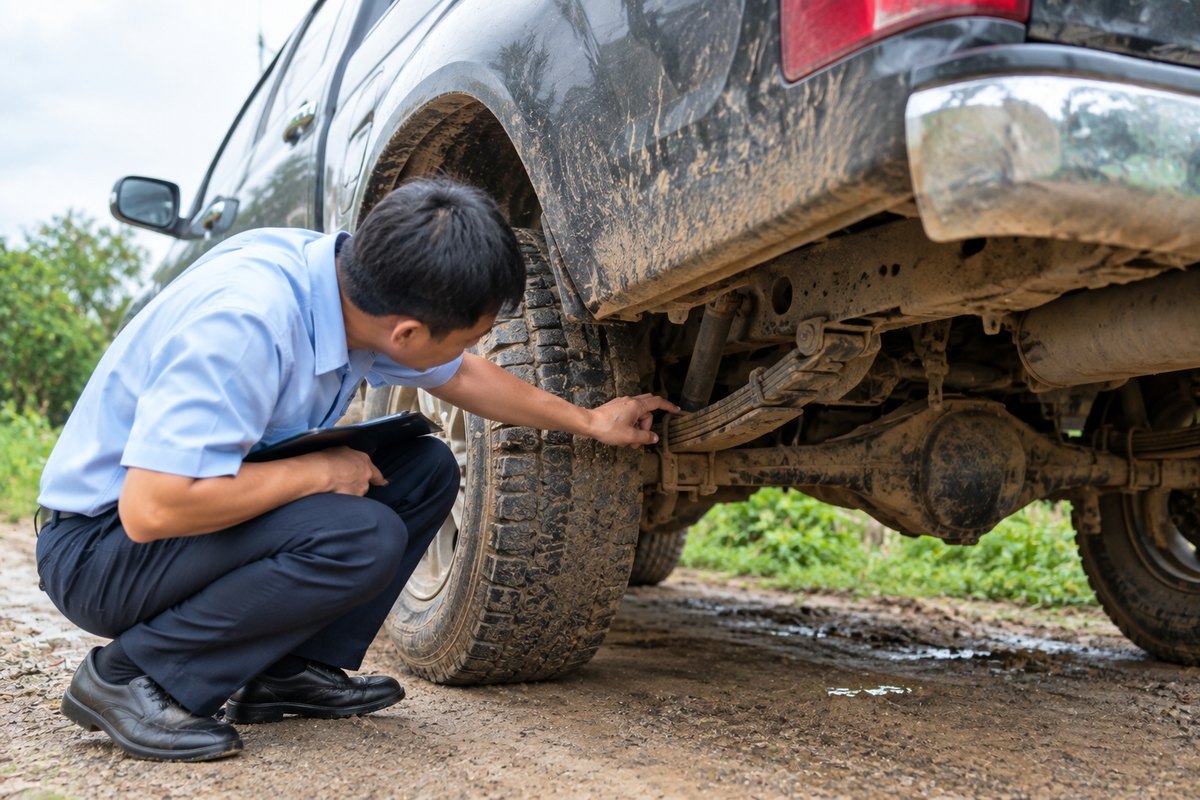 Chuyên viên kiểm tra nhíp và gầm xe tải, bán tải cũ bám bùn