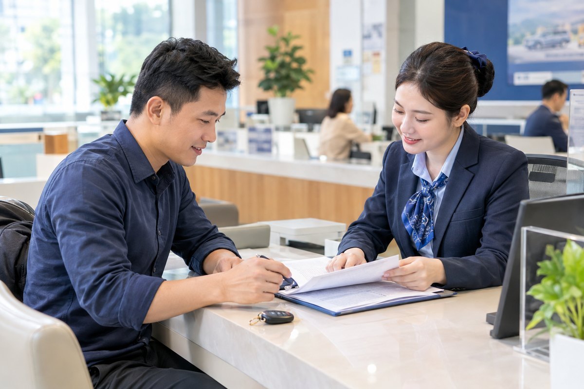 Chủ xe làm việc với nhân viên ngân hàng để tất toán khoản vay mua xe