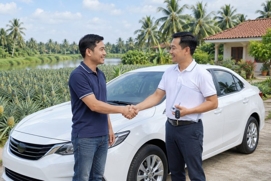 Chủ xe và người thu mua bắt tay chốt giao dịch xe ô tô cũ bên vườn khóm ở Hậu Giang