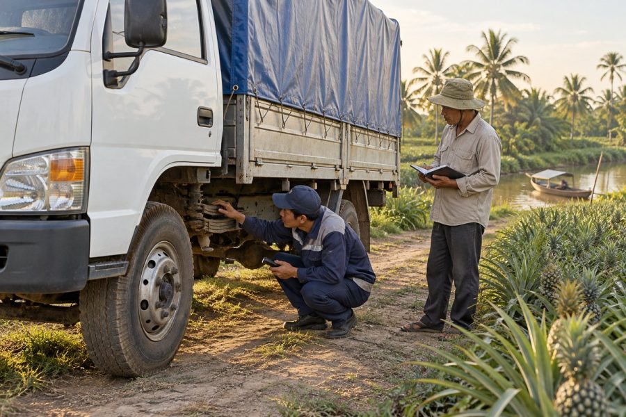 Chuyên viên kiểm tra nhíp và gầm xe tải cũ bên ruộng khóm ở Hậu Giang